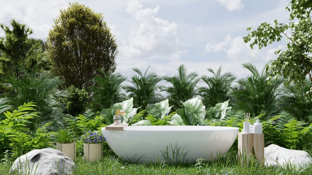 Bathtub on ground grass with forest garden background