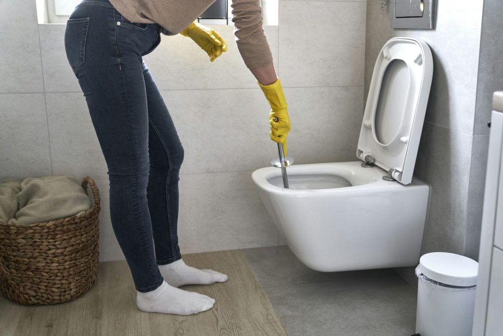 woman cleaning bathroom toilet